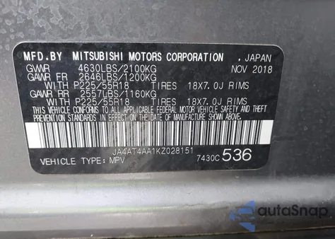2019 Mitsubishi Eclipse Cross Sp from USA, damaged, VIN JA4AT4AA1KZ028151